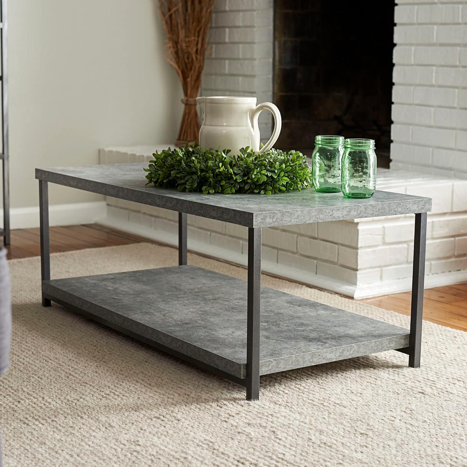 image:imageHousehold Essentials Jamestown Rectangular Coffee Table with Storage Shelf Coastal Oak Rustic Wood Grain and White MetalGrey