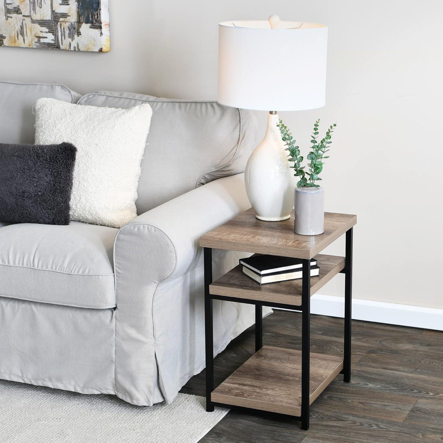 image:imageHousehold Essentials Jamestown Rectangular Side End Table with Storage Shelves Rustic Slate Concrete and Black MetalAshwood
