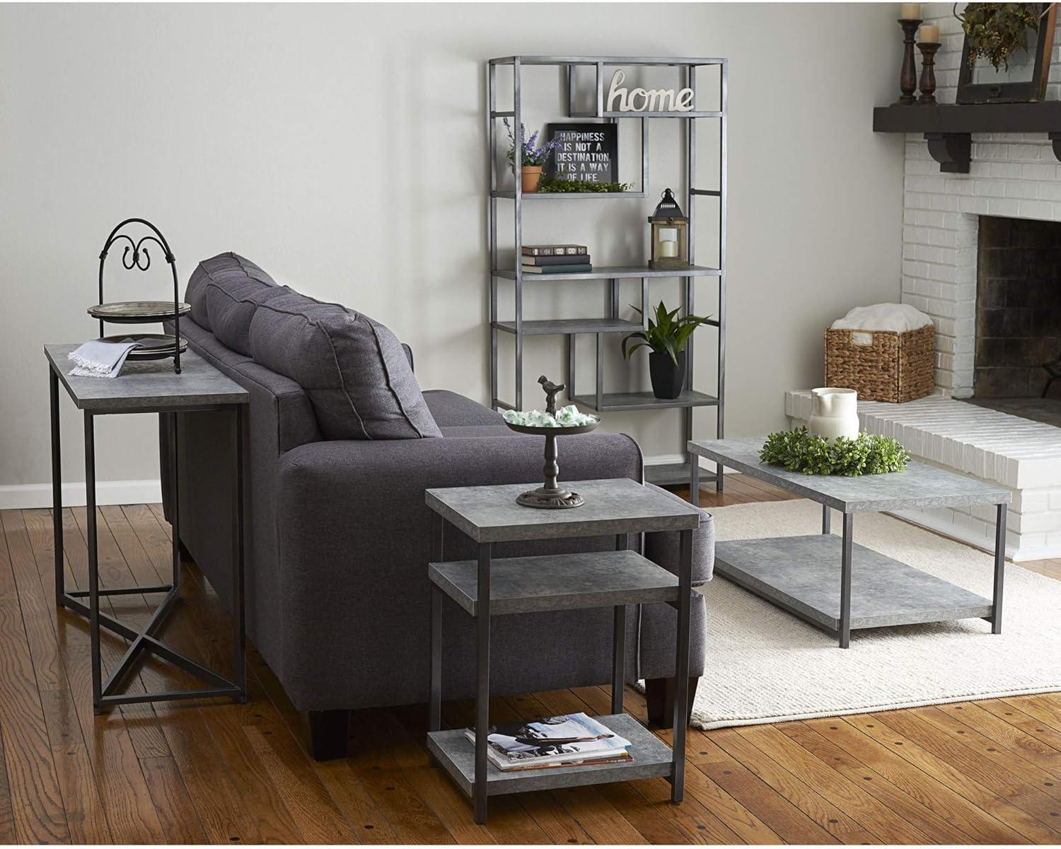 image:imageHousehold Essentials Jamestown Rectangular Side End Table with Storage Shelves Rustic Slate Concrete and Black MetalSlate