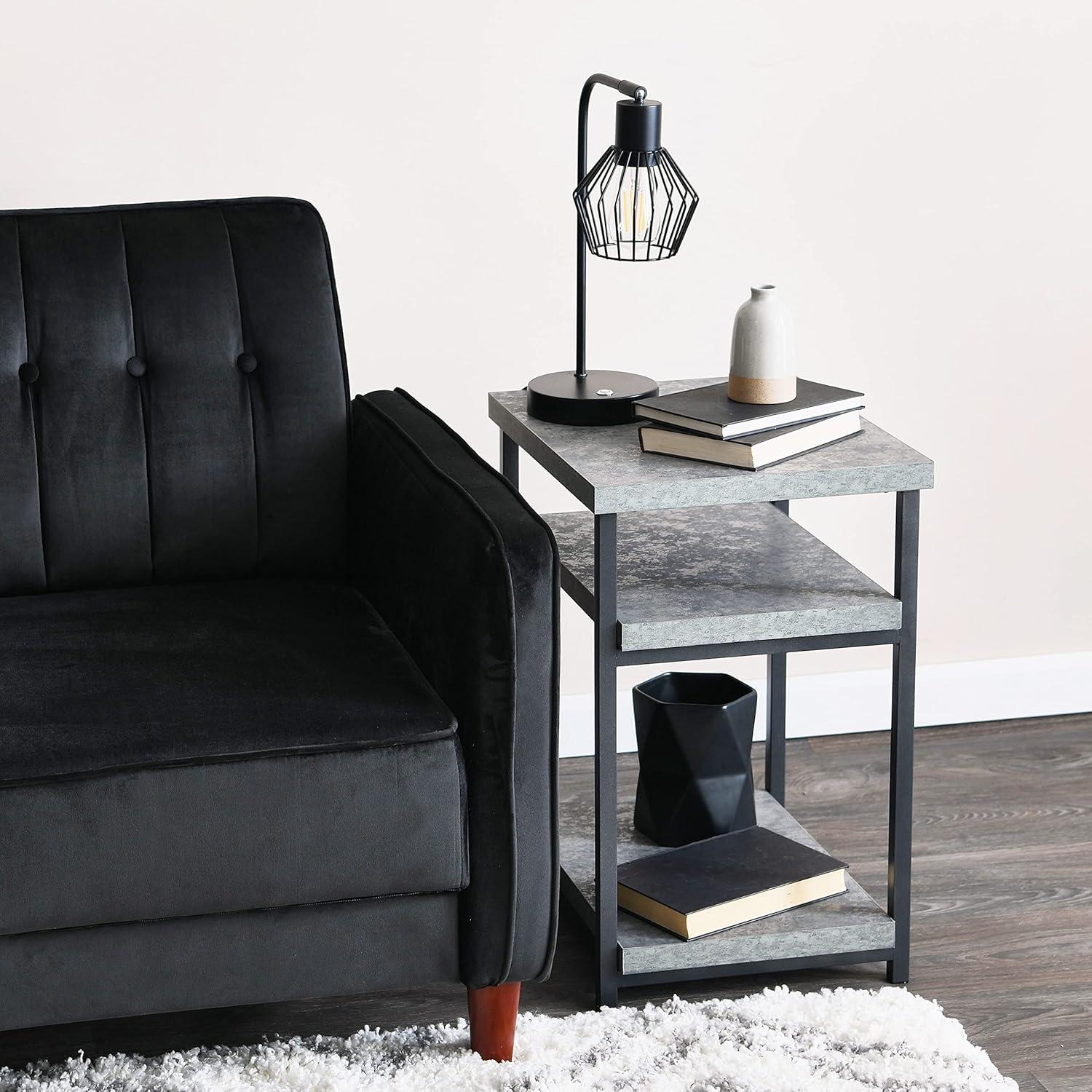 image:imageHousehold Essentials Jamestown Rectangular Side End Table with Storage Shelves Rustic Slate Concrete and Black MetalSlate