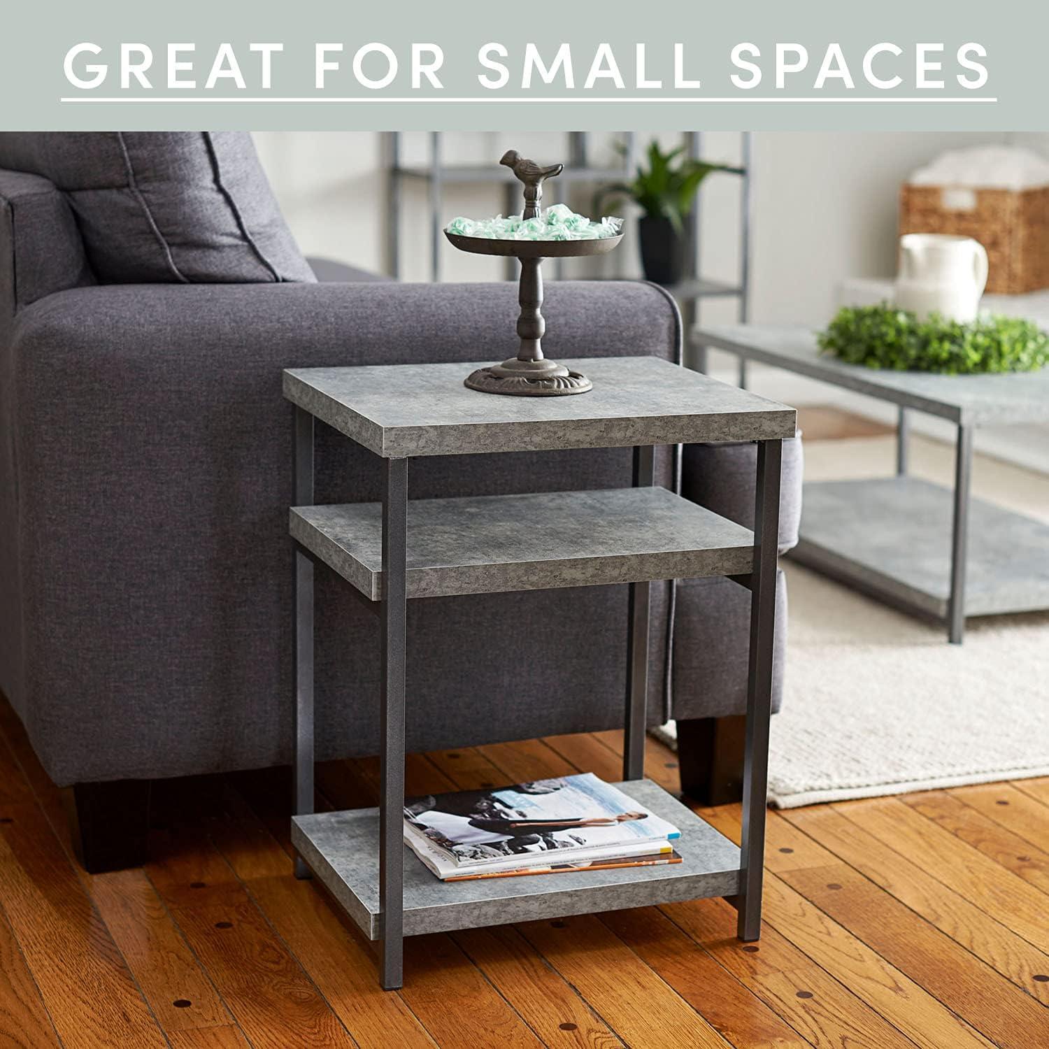 image:imageHousehold Essentials Jamestown Rectangular Side End Table with Storage Shelves Rustic Slate Concrete and Black MetalSlate