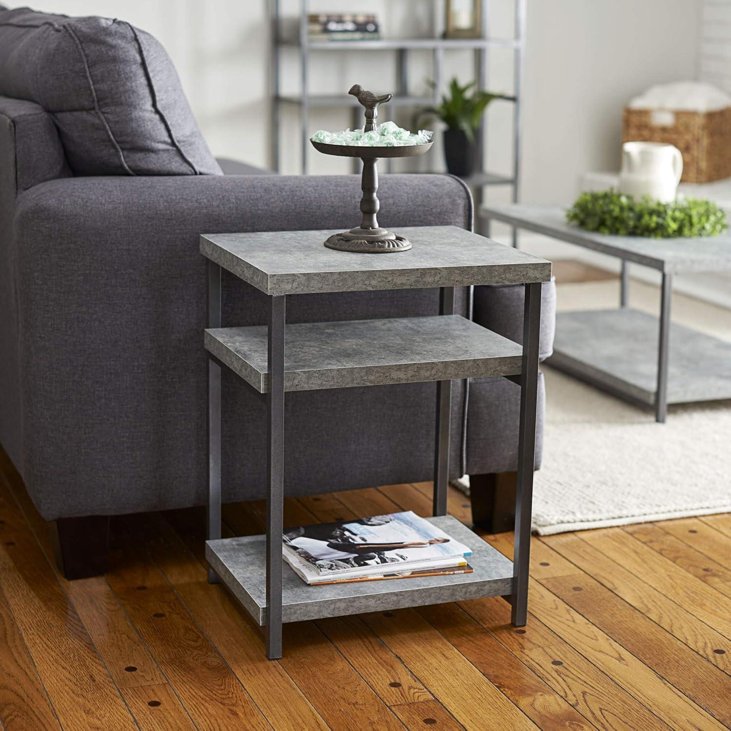 image:imageHousehold Essentials Jamestown Rectangular Side End Table with Storage Shelves Rustic Slate Concrete and Black MetalSlate