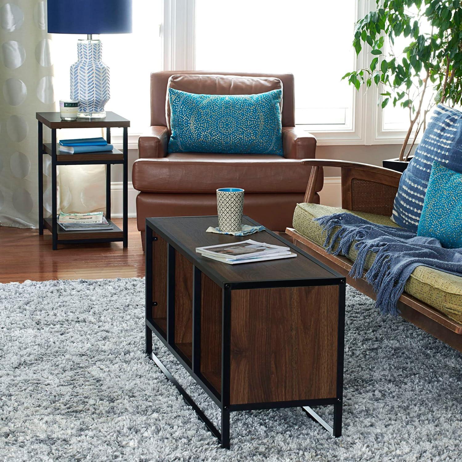 image:imageHousehold Essentials Jamestown Rectangular Side End Table with Storage Shelves Rustic Slate Concrete and Black MetalWalnut