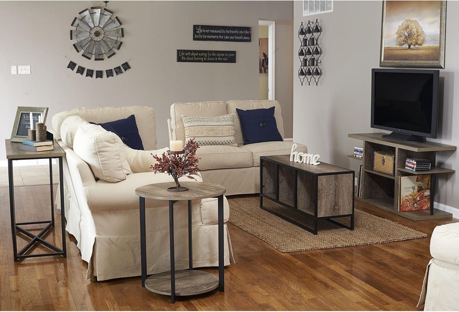 image:imageHousehold Essentials Jamestown Round Side End Table with Storage Shelf Mid Century Walnut Wood Grain and Black MetalAshwood
