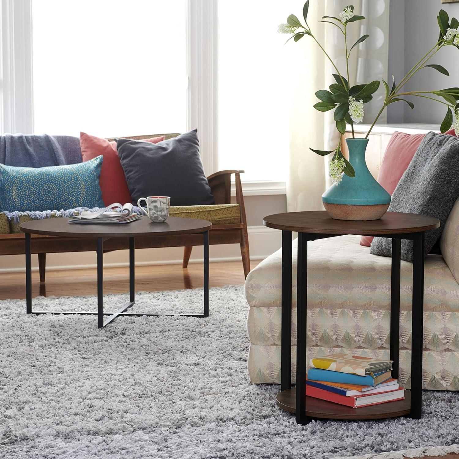 image:imageHousehold Essentials Jamestown Round Side End Table with Storage Shelf Mid Century Walnut Wood Grain and Black MetalWalnut