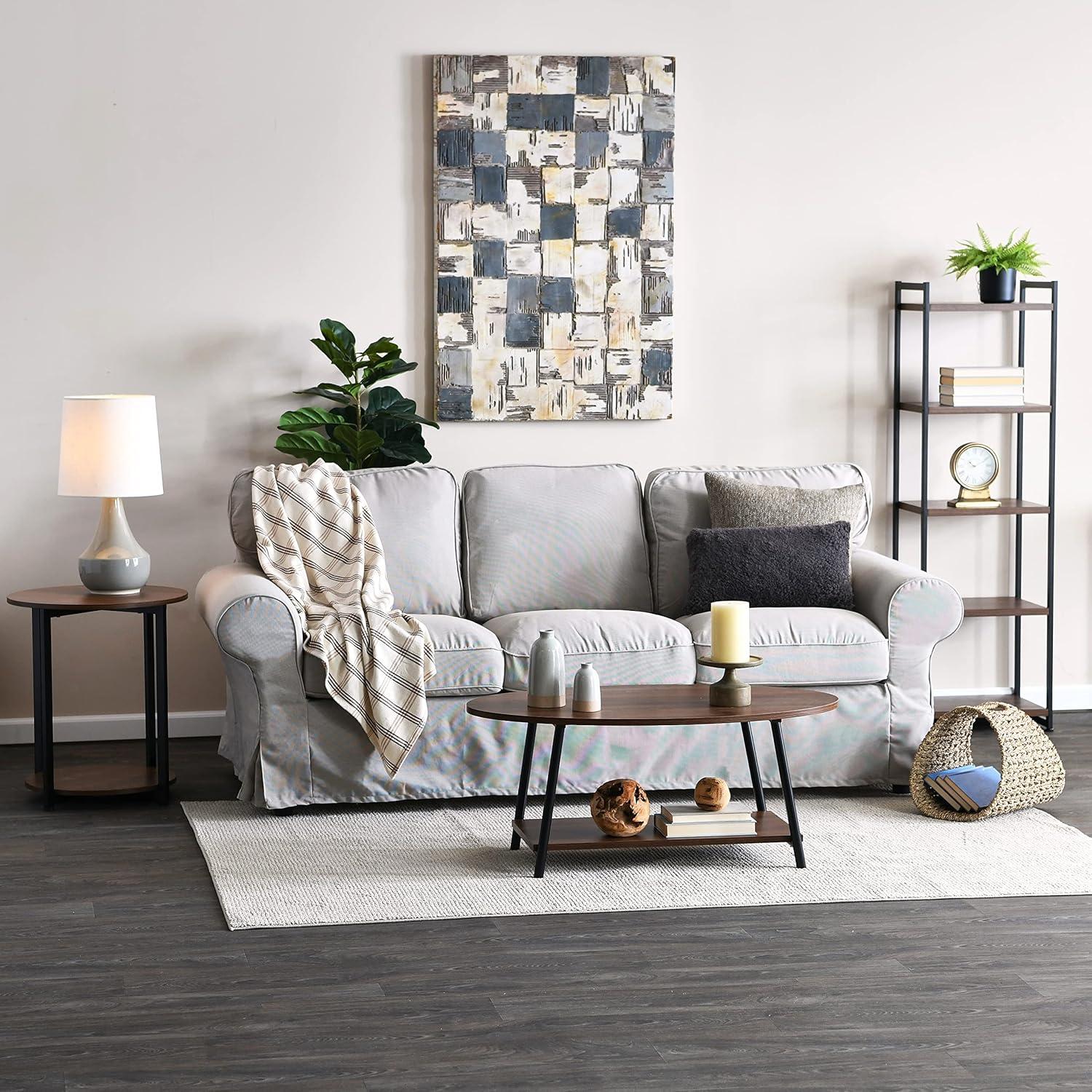 image:imageHousehold Essentials Jamestown Round Side End Table with Storage Shelf Mid Century Walnut Wood Grain and Black MetalWalnut