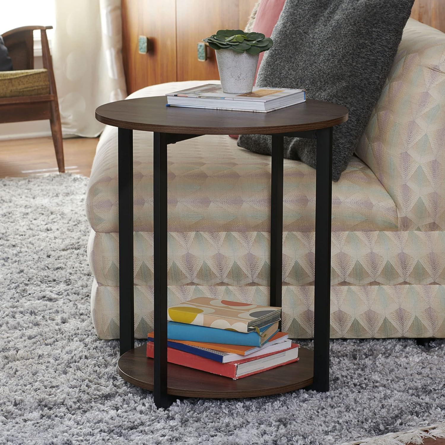 image:imageHousehold Essentials Jamestown Round Side End Table with Storage Shelf Mid Century Walnut Wood Grain and Black MetalWalnut
