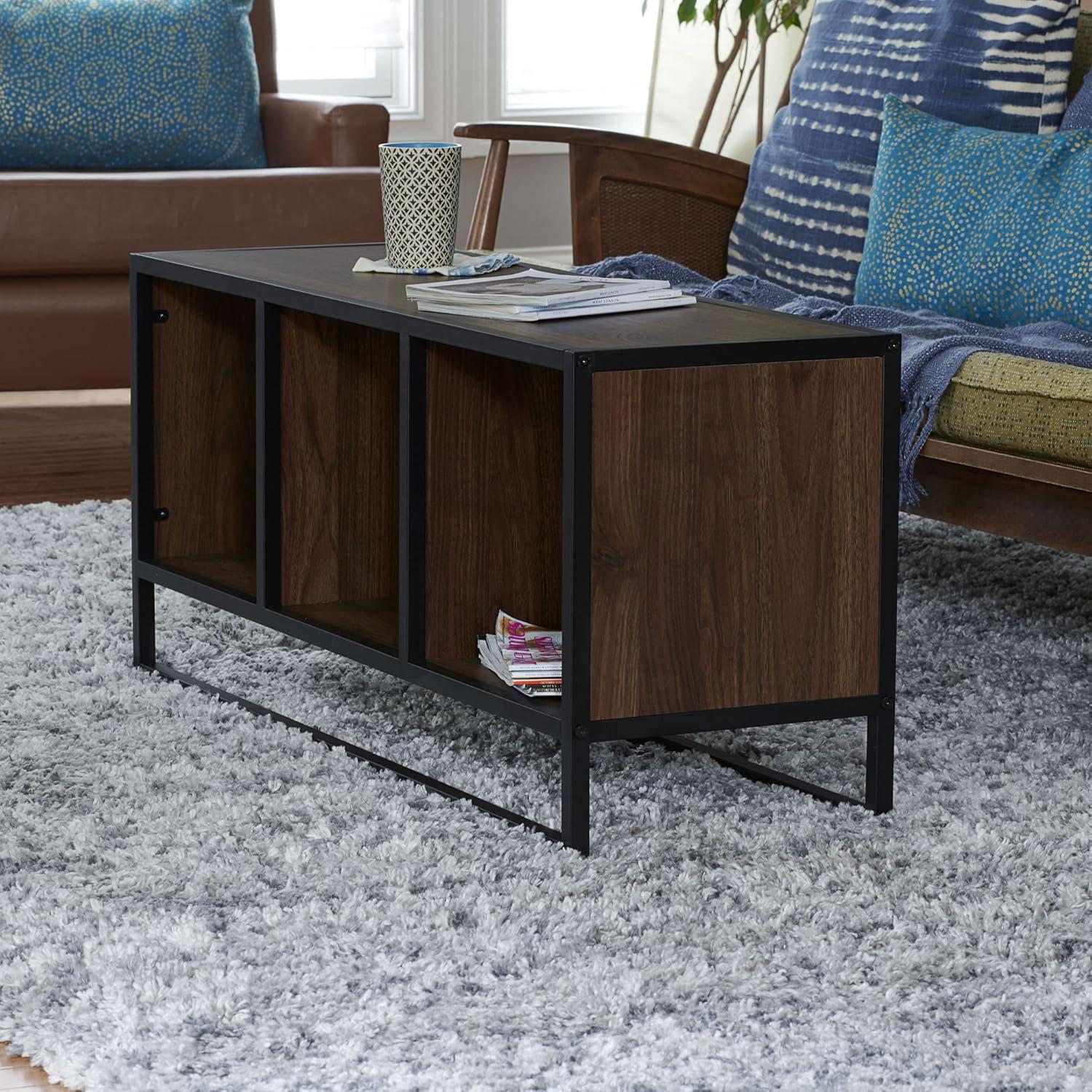 image:imageHousehold Essentials Jamestown TV Stand Coffee Table with Rectangular Storage Compartments Coastal Oak Rustic Wood Grain and White MetalBrown