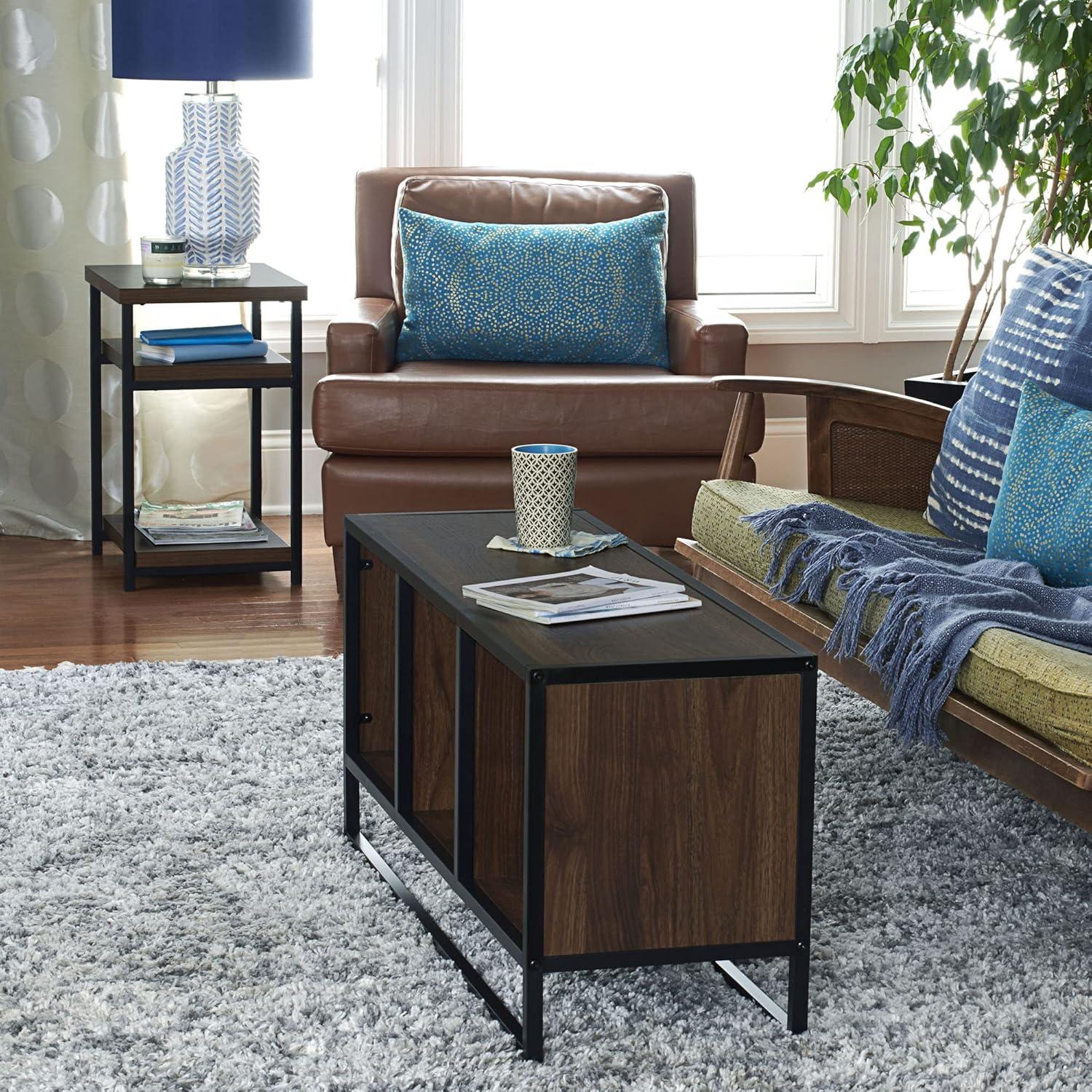 image:imageHousehold Essentials Jamestown TV Stand Coffee Table with Rectangular Storage Compartments Coastal Oak Rustic Wood Grain and White MetalBrown