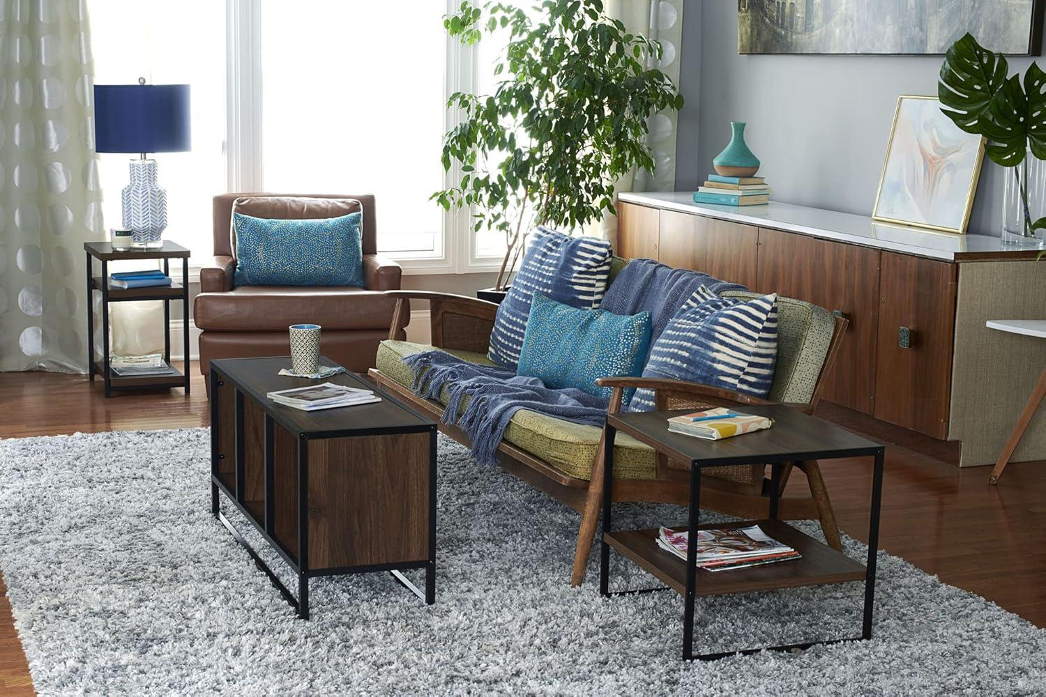 image:imageHousehold Essentials Jamestown TV Stand Coffee Table with Rectangular Storage Compartments Coastal Oak Rustic Wood Grain and White MetalBrown