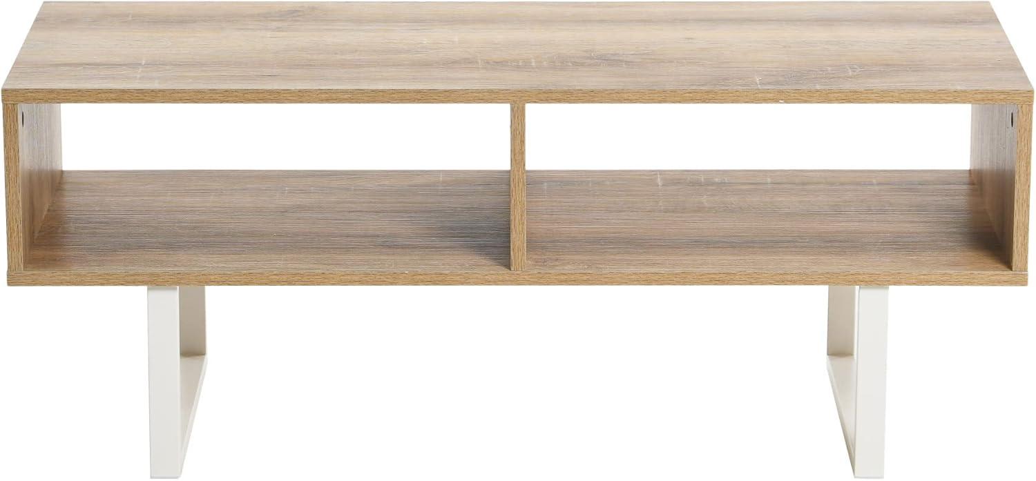 image:imageHousehold Essentials Jamestown TV Stand Coffee Table with Rectangular Storage Compartments Coastal Oak Rustic Wood Grain and White MetalDistressed White