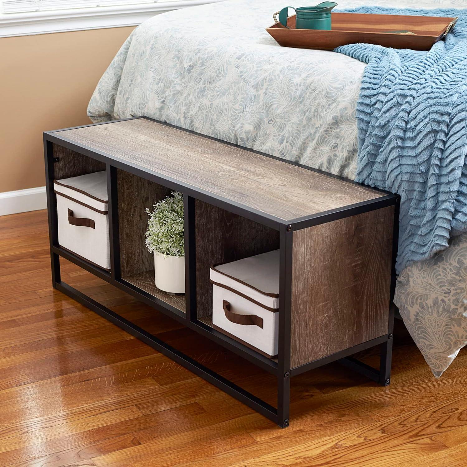 image:imageHousehold Essentials Jamestown TV Stand Coffee Table with Square Cube Storage Compartments Ashwood Rustic Wood Grain and Black MetalTaupe