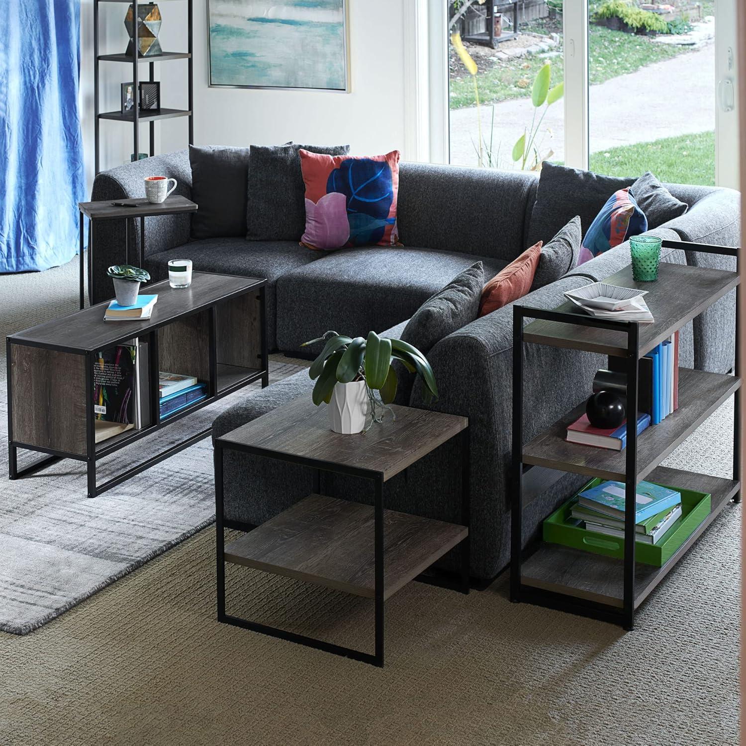 image:imageHousehold Essentials Jamestown TV Stand Coffee Table with Square Cube Storage Compartments Ashwood Rustic Wood Grain and Black MetalTaupe