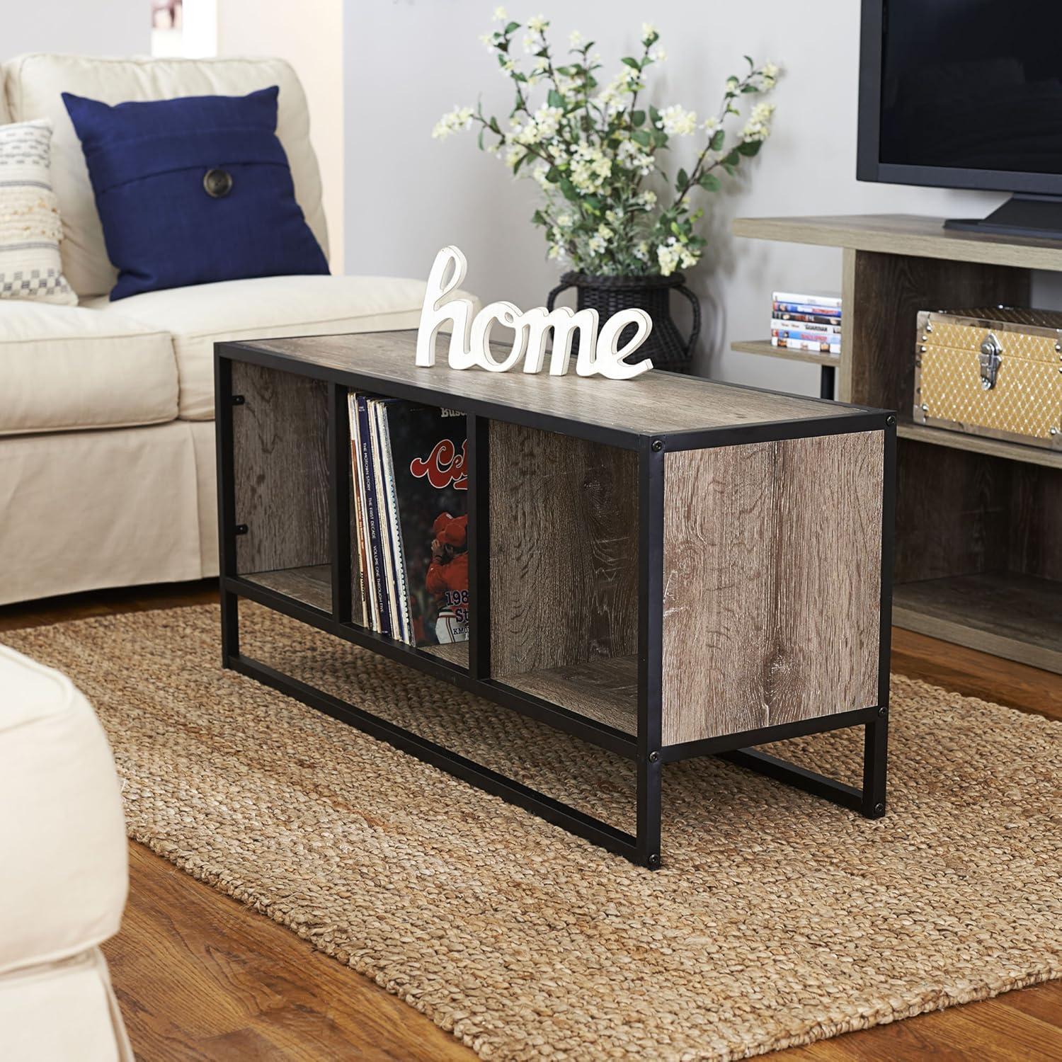 image:imageHousehold Essentials Jamestown TV Stand Coffee Table with Square Cube Storage Compartments Ashwood Rustic Wood Grain and Black MetalTaupe