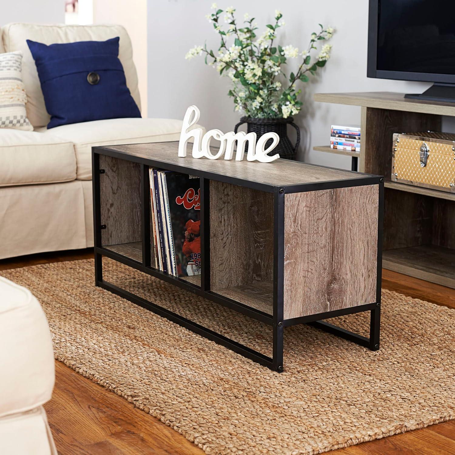 image:imageHousehold Essentials Jamestown TV Stand Coffee Table with Square Cube Storage Compartments Ashwood Rustic Wood Grain and Black MetalTaupe