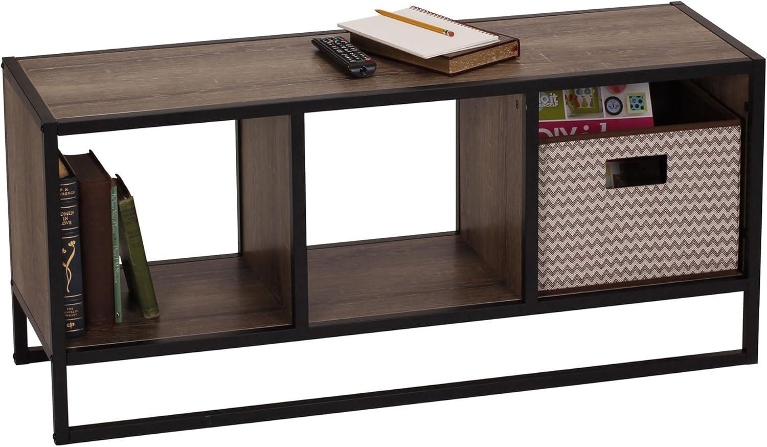 image:imageHousehold Essentials Jamestown TV Stand Coffee Table with Square Cube Storage Compartments Ashwood Rustic Wood Grain and Black MetalTaupe