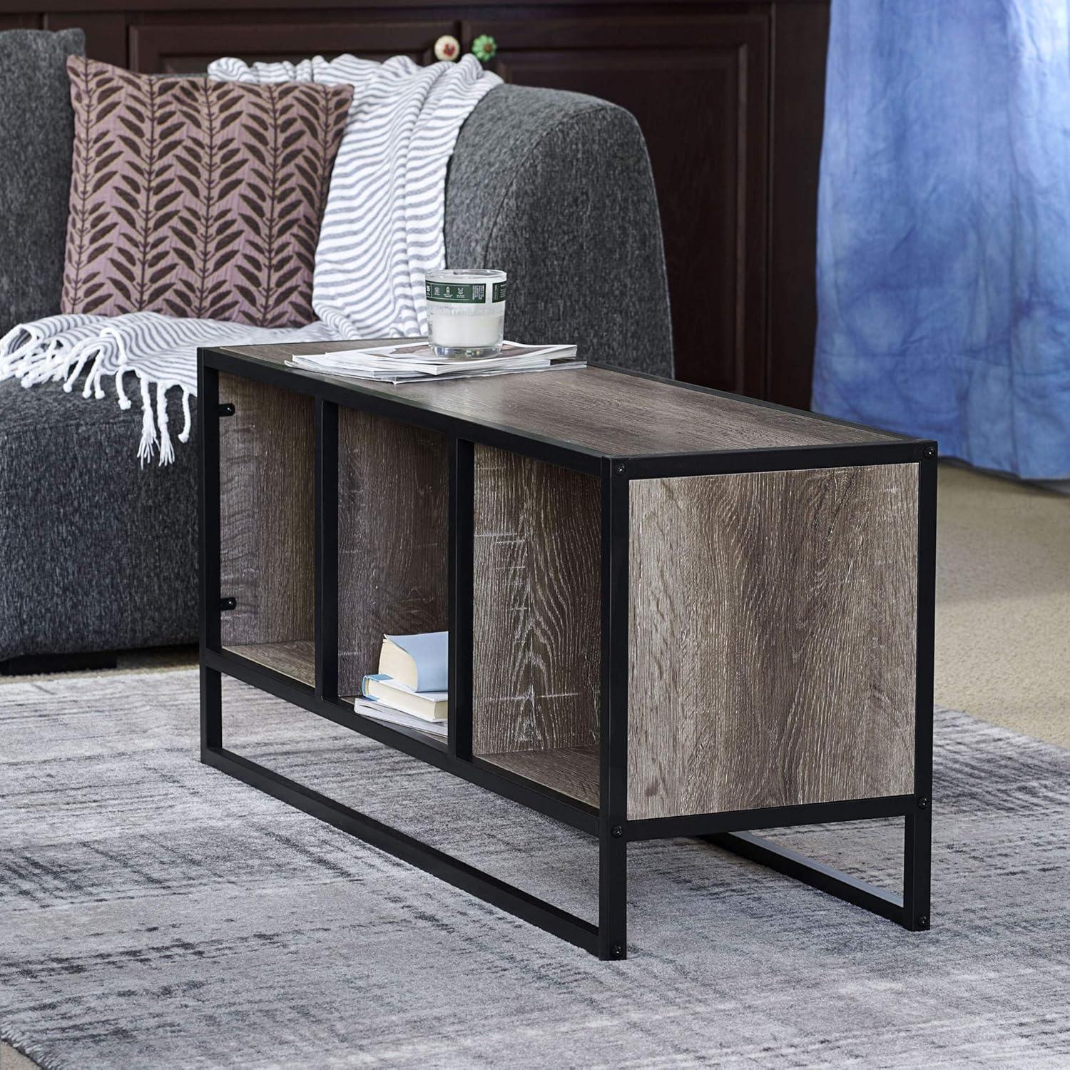 image:imageHousehold Essentials Jamestown TV Stand Coffee Table with Square Cube Storage Compartments Ashwood Rustic Wood Grain and Black MetalTaupe