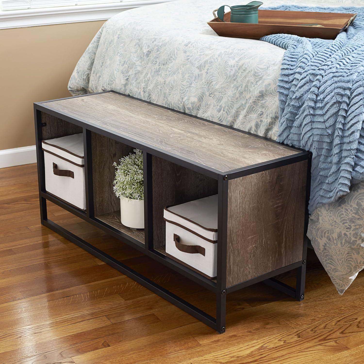 image:imageHousehold Essentials Jamestown TV Stand Coffee Table with Square Cube Storage Compartments Ashwood Rustic Wood Grain and Black MetalTaupe