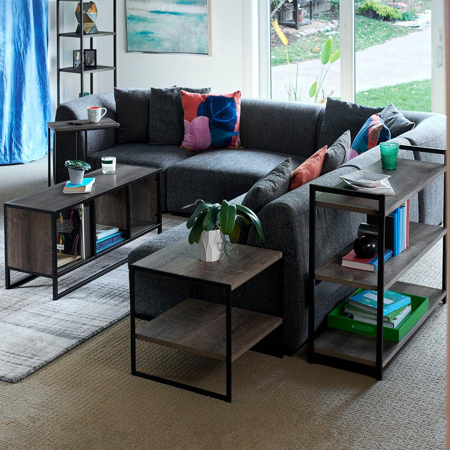 image:imageHousehold Essentials Jamestown TV Stand Coffee Table with Square Cube Storage Compartments Ashwood Rustic Wood Grain and Black MetalTaupe