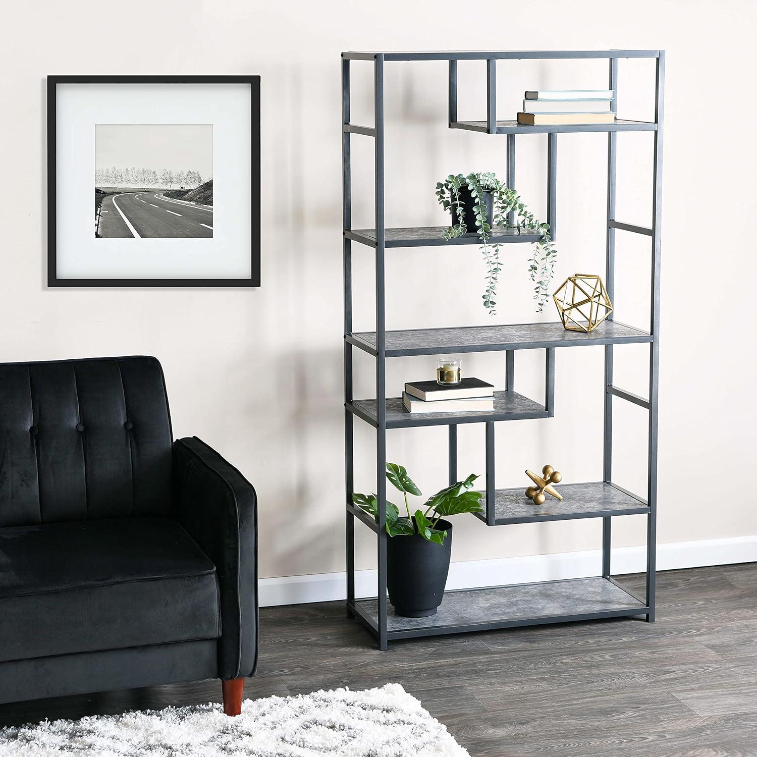 image:imageHousehold Essentials Jamestown Tall 6 Shelf Open Storage Bookshelf Black Oak Wood Grain and Black MetalGrey