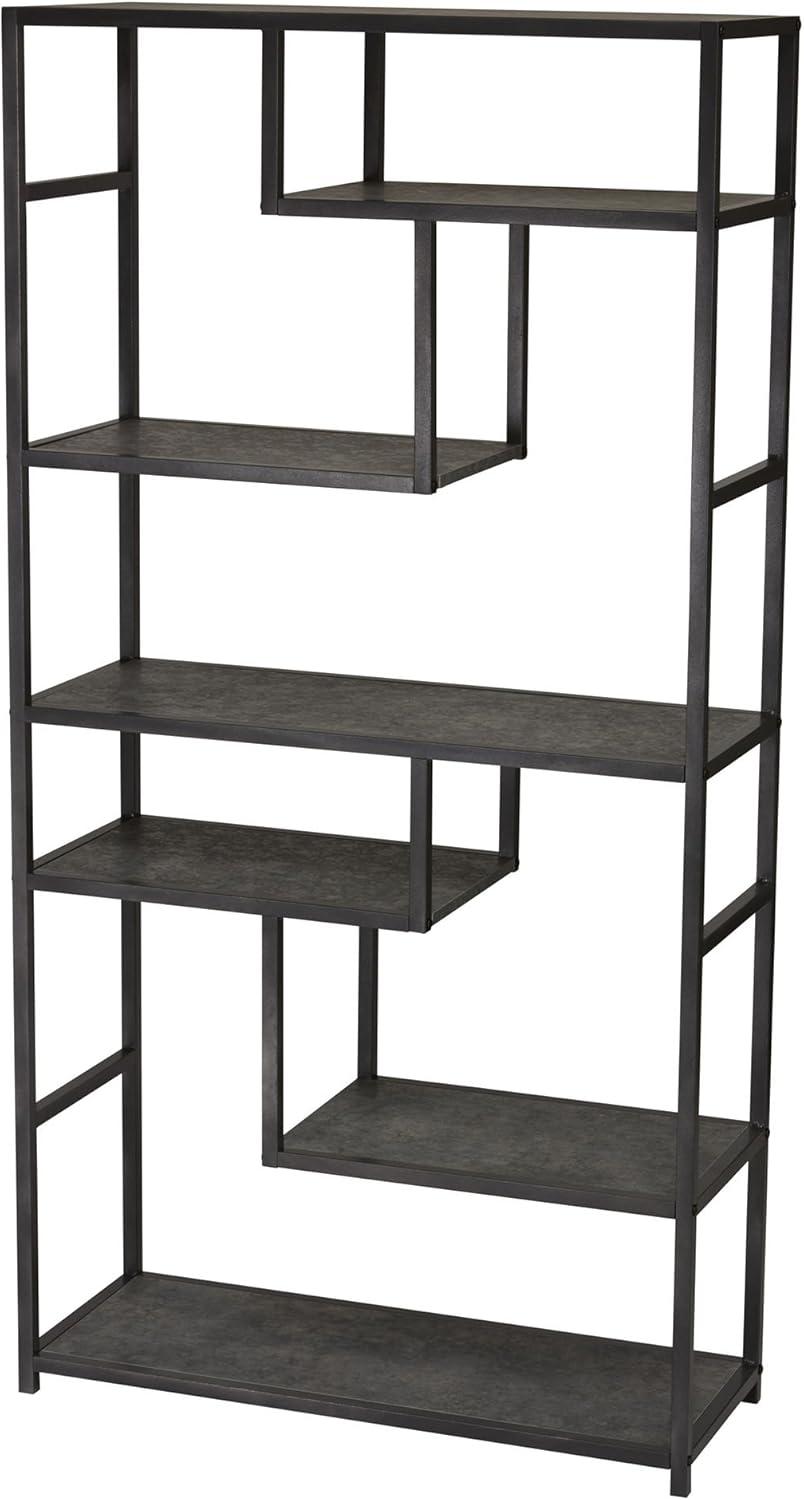 image:imageHousehold Essentials Jamestown Tall 6 Shelf Open Storage Bookshelf Black Oak Wood Grain and Black MetalGrey