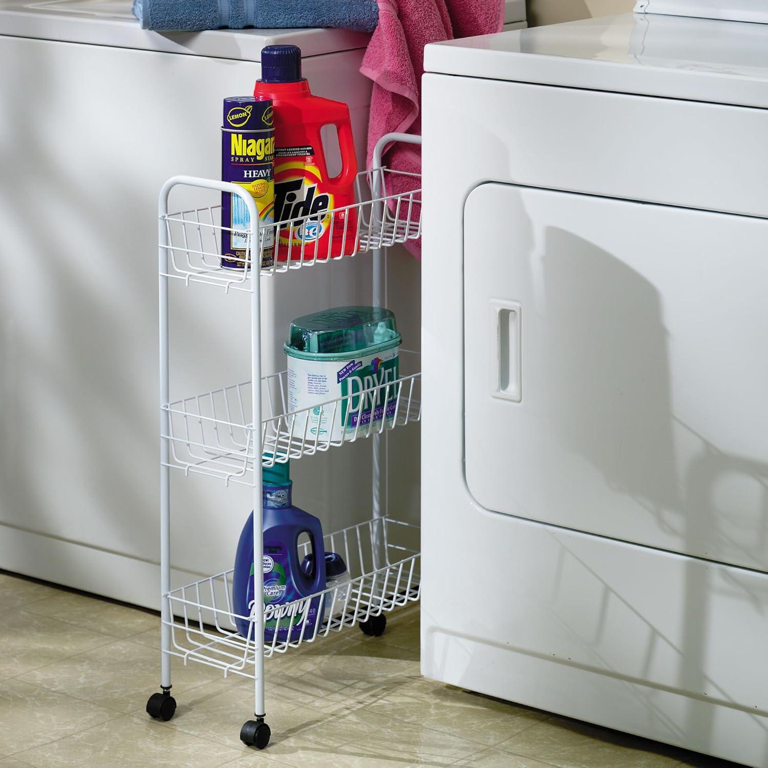 image:imageHousehold Essentials Matte Black Slim 3 Shelf Storage Cart with Wheels7 White Basic