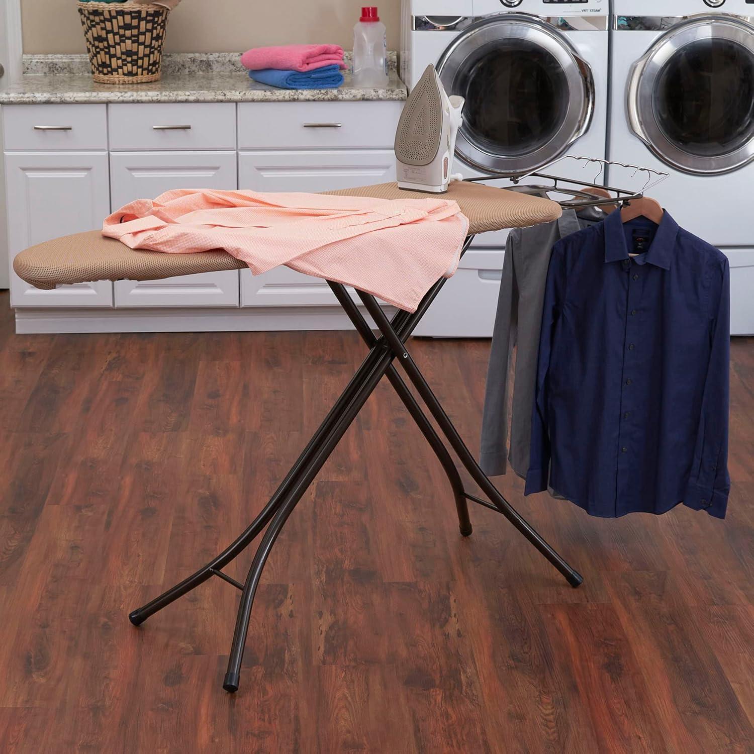 image:imageHousehold Essentials Mega Wide Top Ironing Board 4Legs Steel Top Ironing Board with Fixed Iron Rest FiberTech Cover and Fiber Pad Scorch and Stain Resistant Antique Bronze FrameBrownBronze