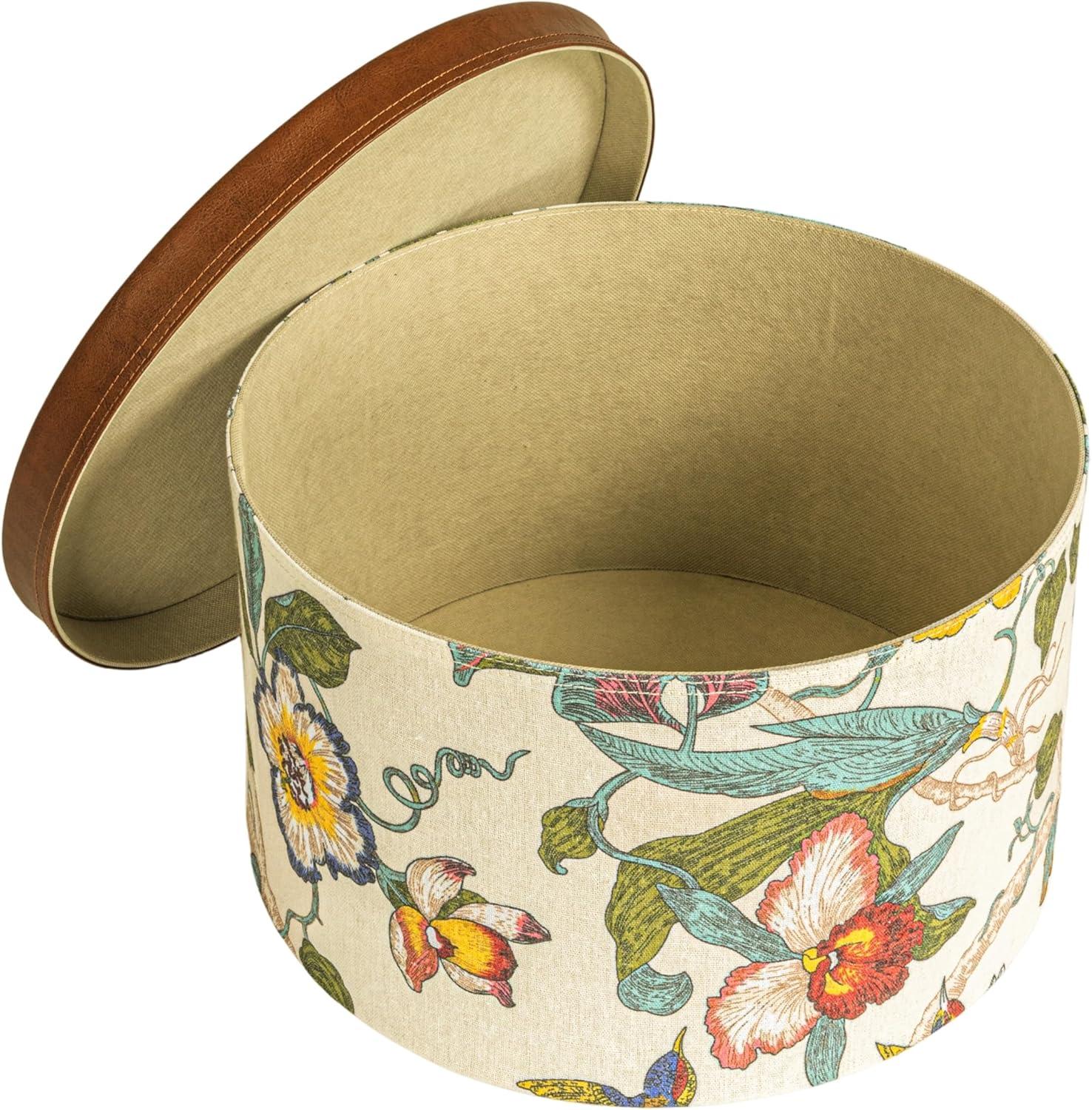 image:imageHousehold Essentials Round Hat Boxes with Lids Vibrant Scallop Print with Faux Leather Lids PolyCotton and NonWoven PP Liner Large Medium and Small Stackable and Nestable Olive and CreamMulticolor Floral