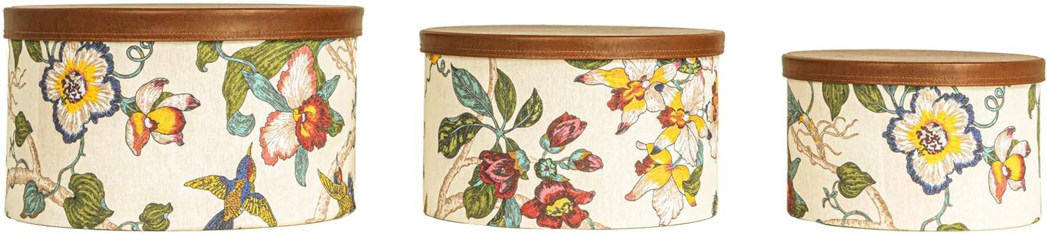 image:imageHousehold Essentials Round Hat Boxes with Lids Vibrant Scallop Print with Faux Leather Lids PolyCotton and NonWoven PP Liner Large Medium and Small Stackable and Nestable Olive and CreamMulticolor Floral