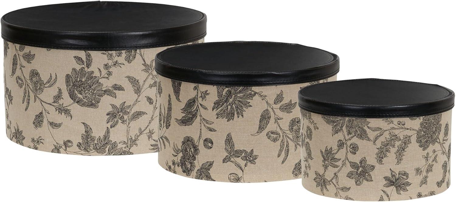 image:imageHousehold Essentials Round Hat Boxes with Lids Vibrant Scallop Print with Faux Leather Lids PolyCotton and NonWoven PP Liner Large Medium and Small Stackable and Nestable Olive and CreamFloral