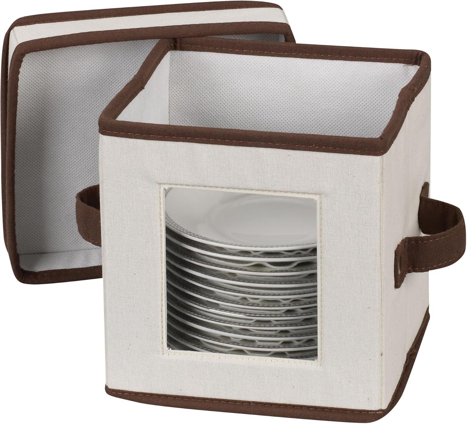 image:imageHousehold Essentials Saucer Storage Box Holds 12 Saucers with Felt Protectors Windowed Panel 2 Riveted Handles Foldable and Stackable BoxNatural
