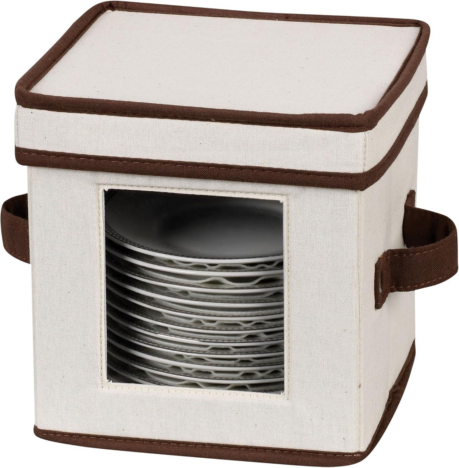 image:imageHousehold Essentials Saucer Storage Box Holds 12 Saucers with Felt Protectors Windowed Panel 2 Riveted Handles Foldable and Stackable BoxNatural