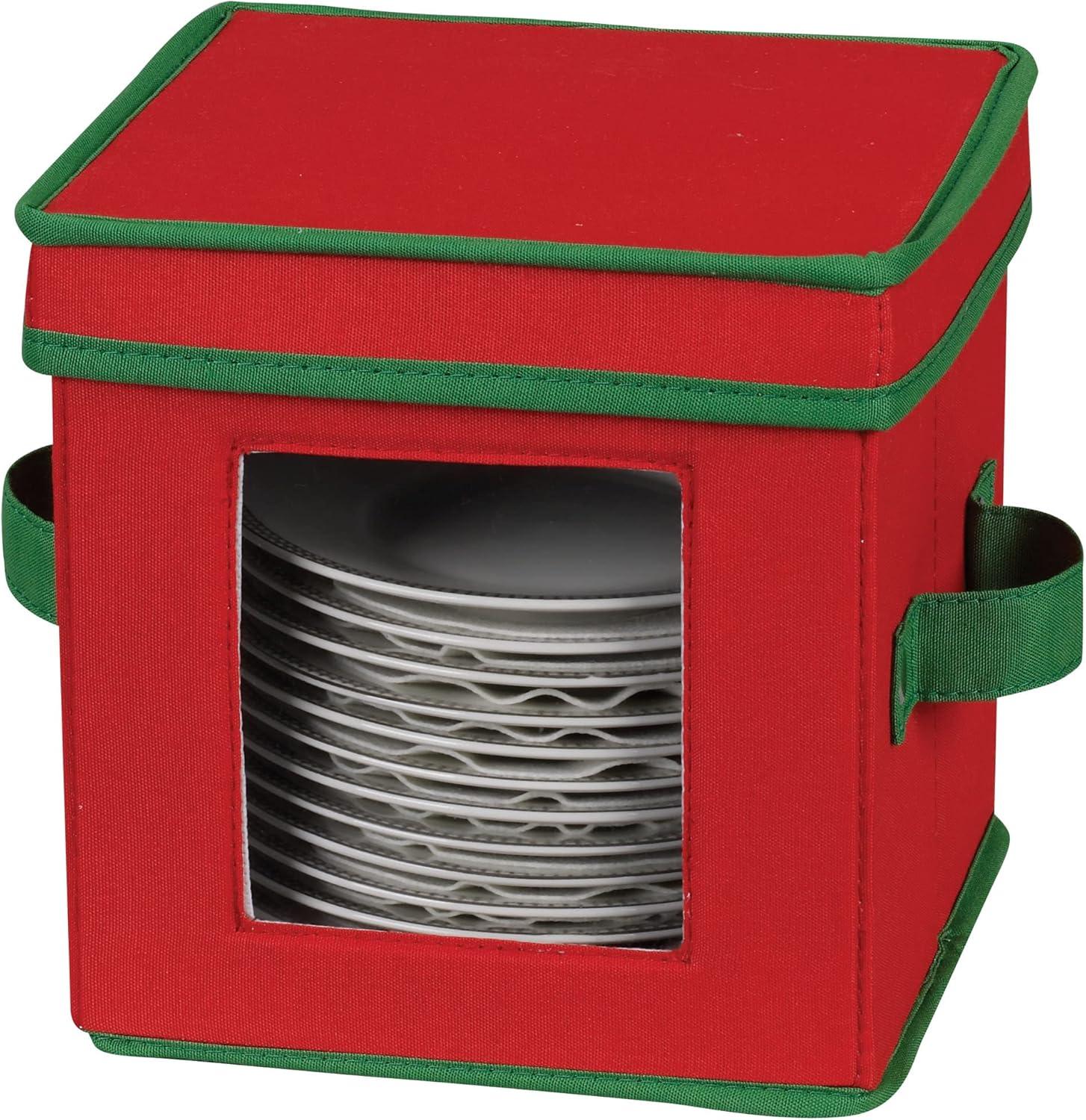 image:imageHousehold Essentials Saucer Storage Box Holds 12 Saucers with Felt Protectors Windowed Panel 2 Riveted Handles Foldable and Stackable BoxRed