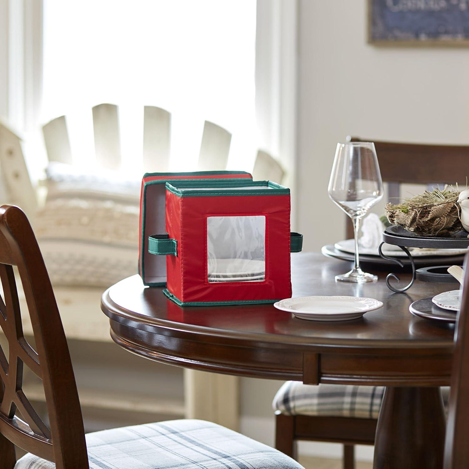 image:imageHousehold Essentials Saucer Storage Box Holds 12 Saucers with Felt Protectors Windowed Panel 2 Riveted Handles Foldable and Stackable BoxRed