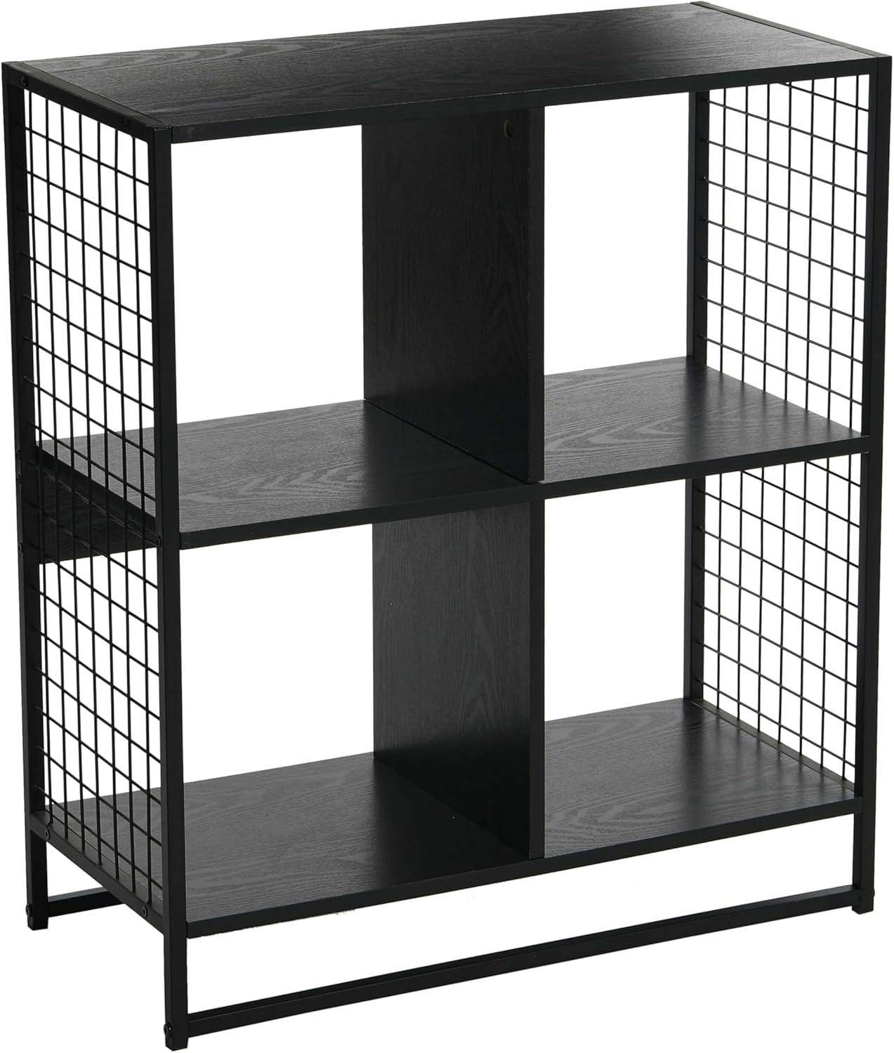 image:imageHousehold Essentials Trellis Open Storage Bookshelf with 2 Cube Compartments Mid Century Walnut Wood Grain and Black MetalBlack