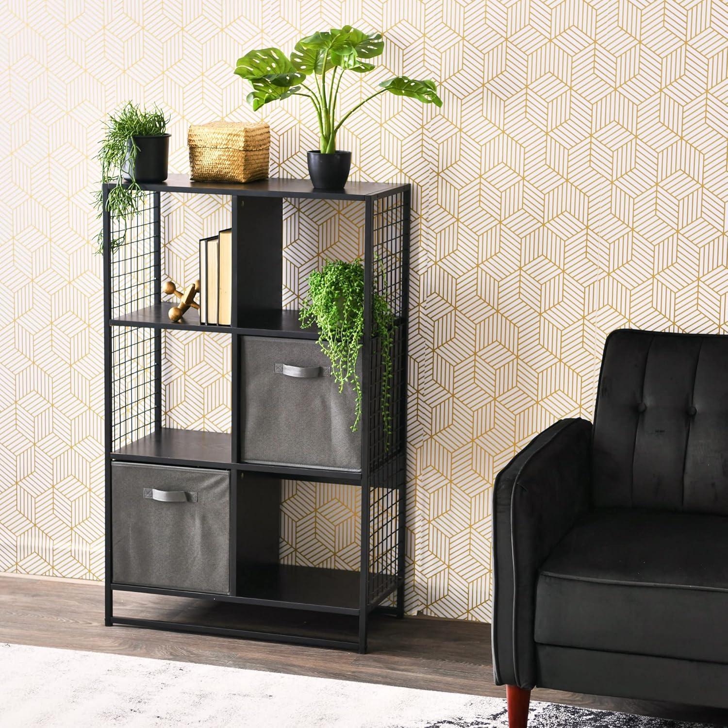 image:imageHousehold Essentials Trellis Open Storage Bookshelf with 2 Cube Compartments Mid Century Walnut Wood Grain and Black MetalBlack