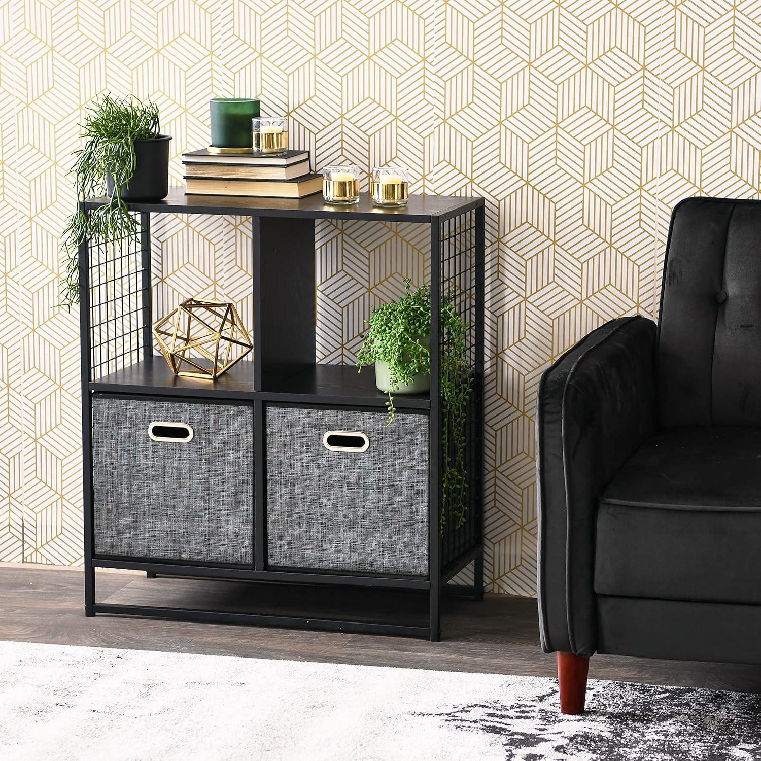 image:imageHousehold Essentials Trellis Open Storage Bookshelf with 2 Cube Compartments Mid Century Walnut Wood Grain and Black MetalBlack