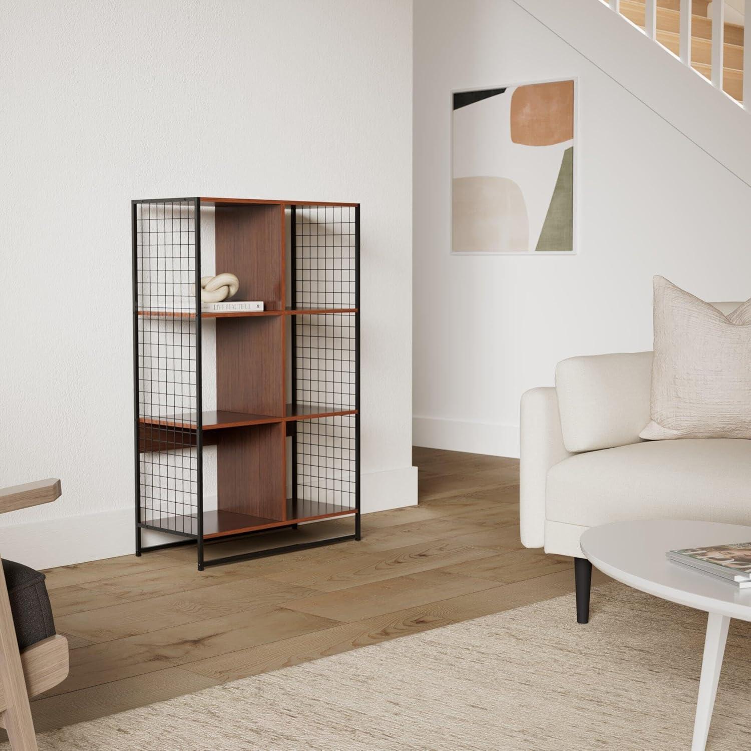 image:imageHousehold Essentials Trellis Open Storage Bookshelf with 2 Cube Compartments Mid Century Walnut Wood Grain and Black MetalHickory