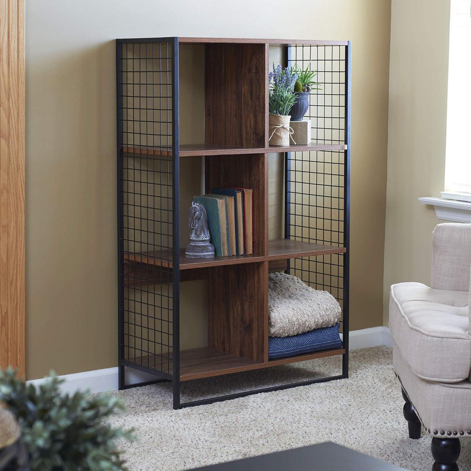 image:imageHousehold Essentials Trellis Open Storage Bookshelf with 2 Cube Compartments Mid Century Walnut Wood Grain and Black MetalHickory