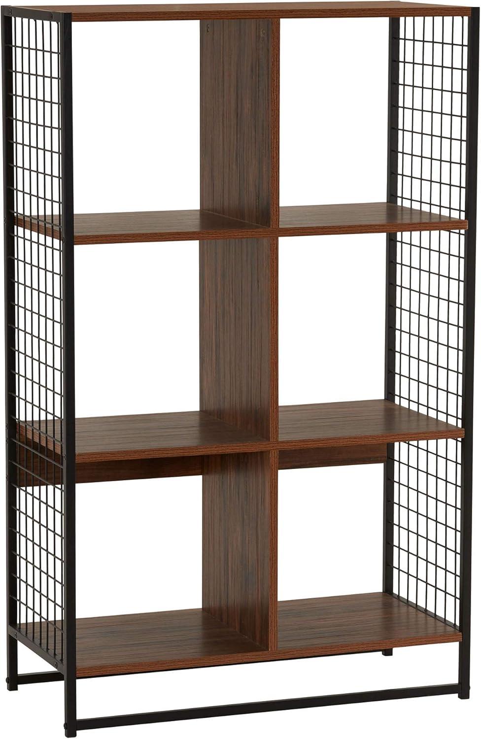 image:imageHousehold Essentials Trellis Open Storage Bookshelf with 2 Cube Compartments Mid Century Walnut Wood Grain and Black MetalHickory
