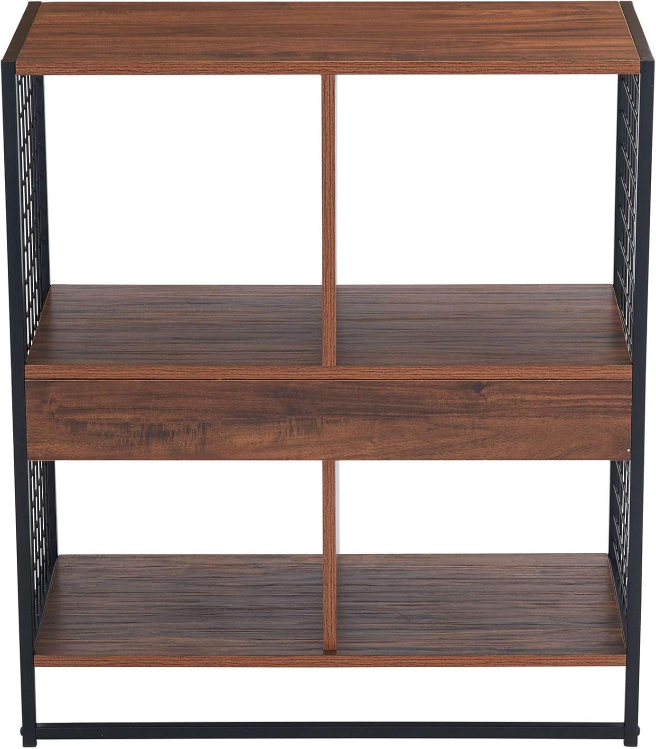image:imageHousehold Essentials Trellis Open Storage Bookshelf with 2 Cube Compartments Mid Century Walnut Wood Grain and Black MetalHickory