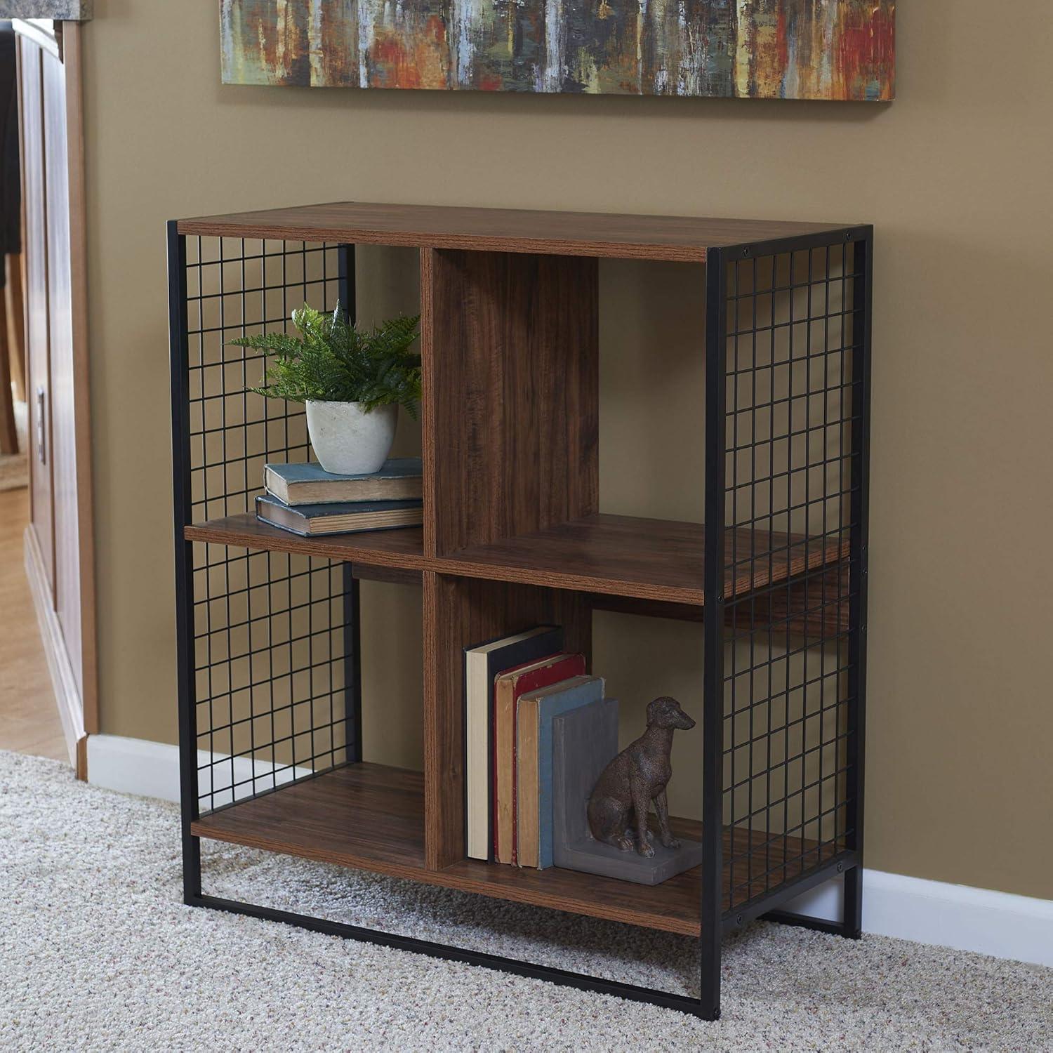 image:imageHousehold Essentials Trellis Open Storage Bookshelf with 2 Cube Compartments Mid Century Walnut Wood Grain and Black MetalHickory