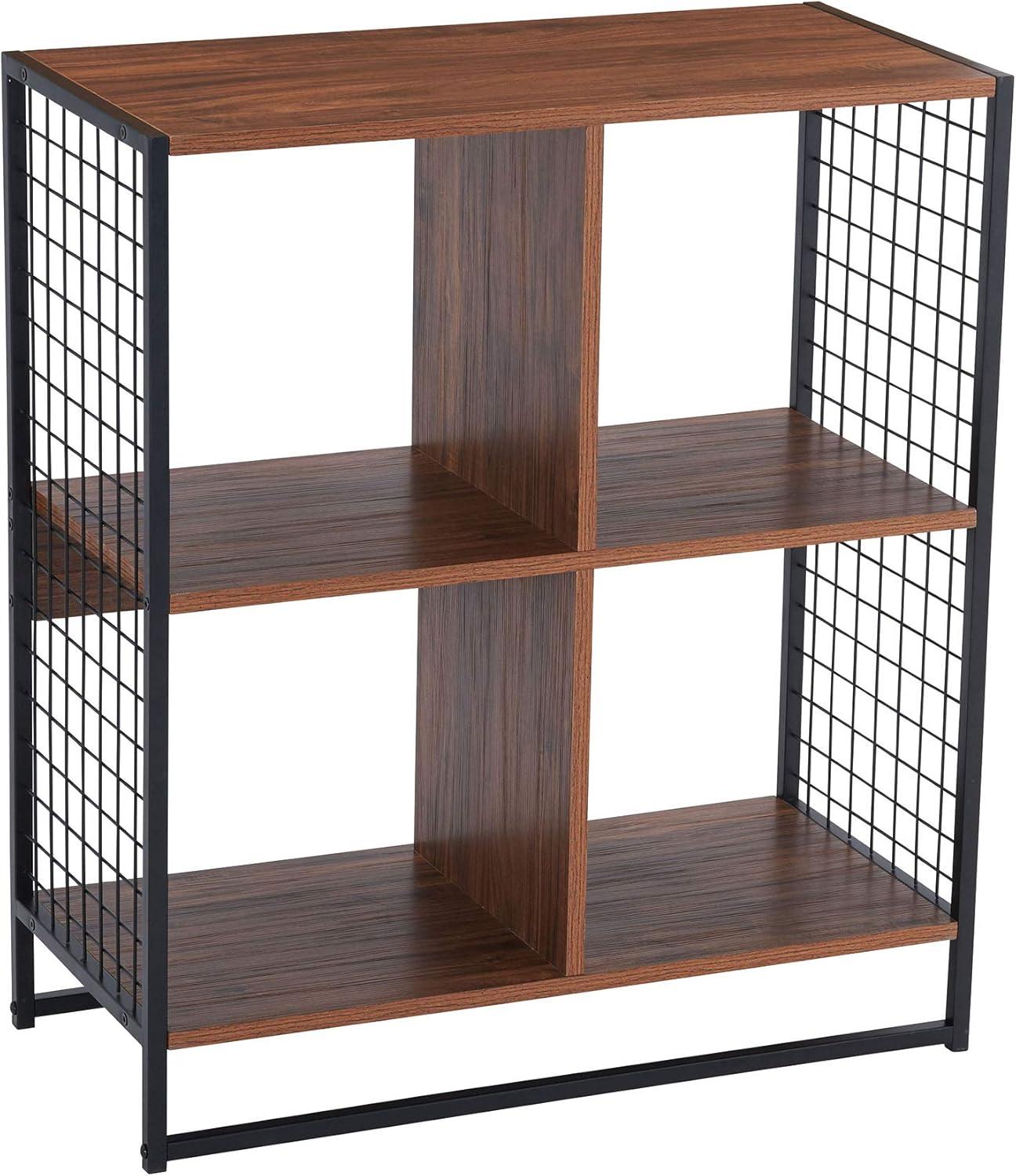 image:imageHousehold Essentials Trellis Open Storage Bookshelf with 2 Cube Compartments Mid Century Walnut Wood Grain and Black MetalHickory