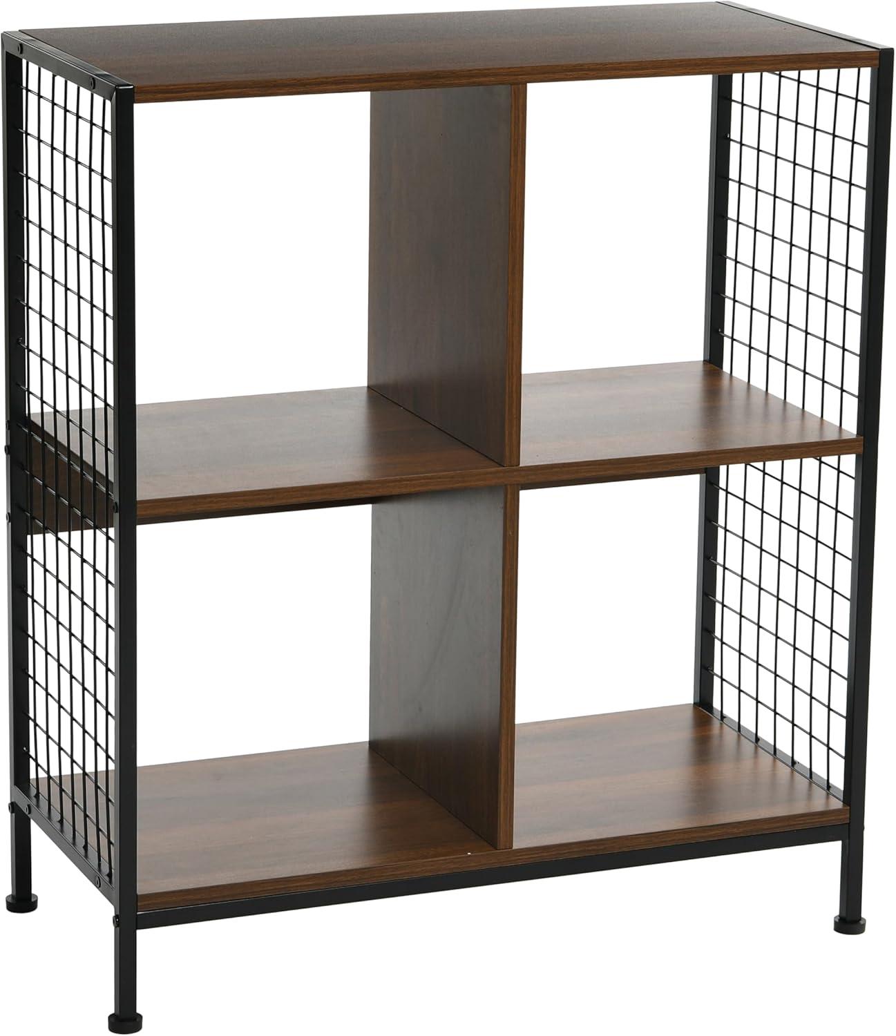 image:imageHousehold Essentials Trellis Open Storage Bookshelf with 2 Cube Compartments Mid Century Walnut Wood Grain and Black MetalWalnut