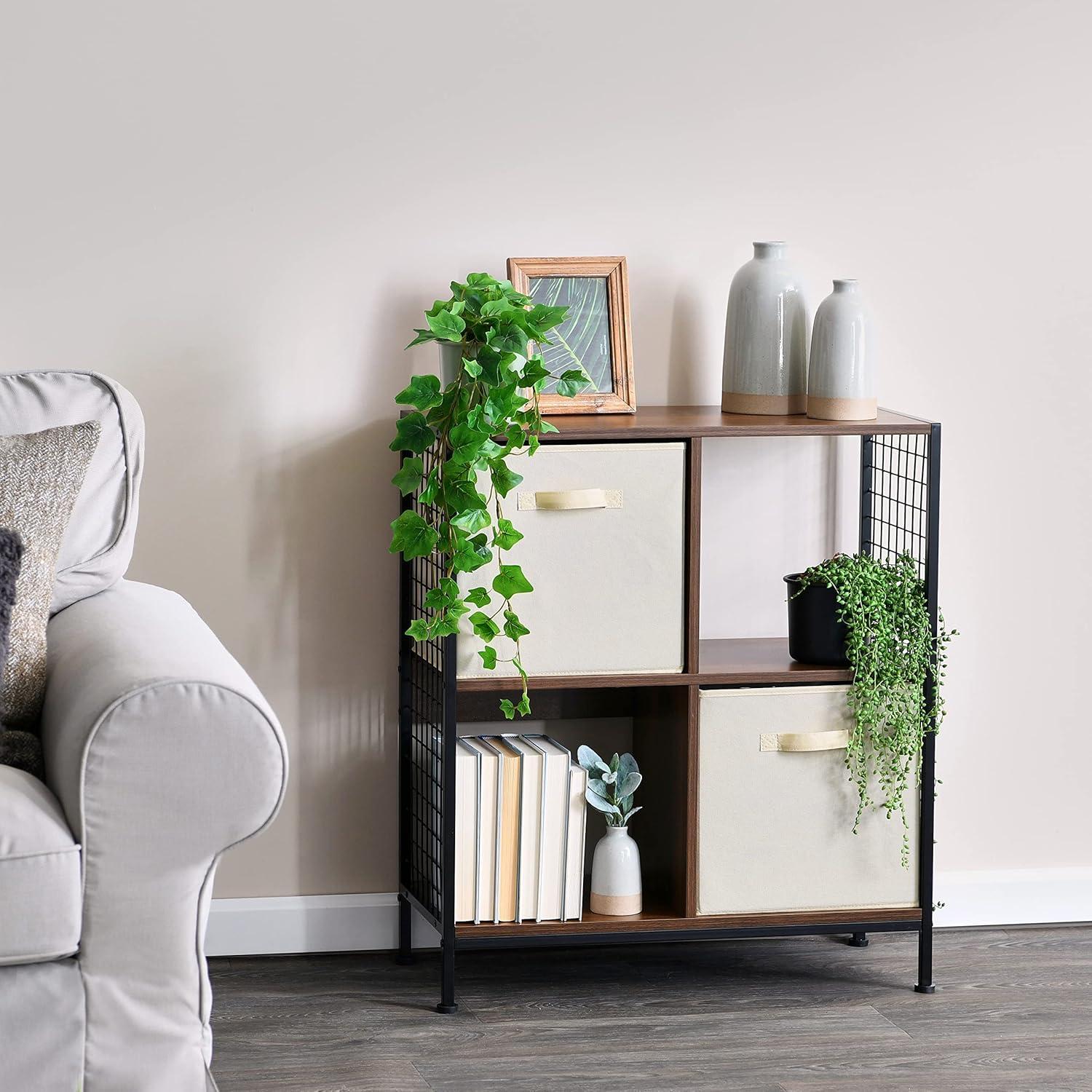 image:imageHousehold Essentials Trellis Open Storage Bookshelf with 2 Cube Compartments Mid Century Walnut Wood Grain and Black MetalWalnut