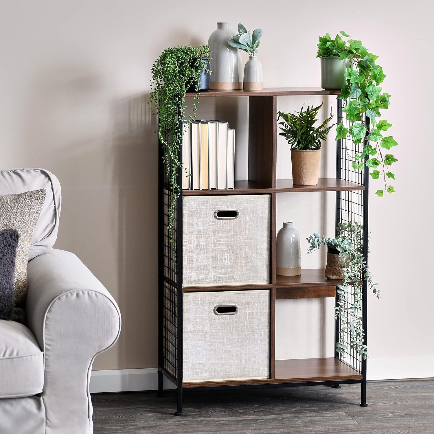 image:imageHousehold Essentials Trellis Open Storage Bookshelf with 2 Cube Compartments Mid Century Walnut Wood Grain and Black MetalWalnut