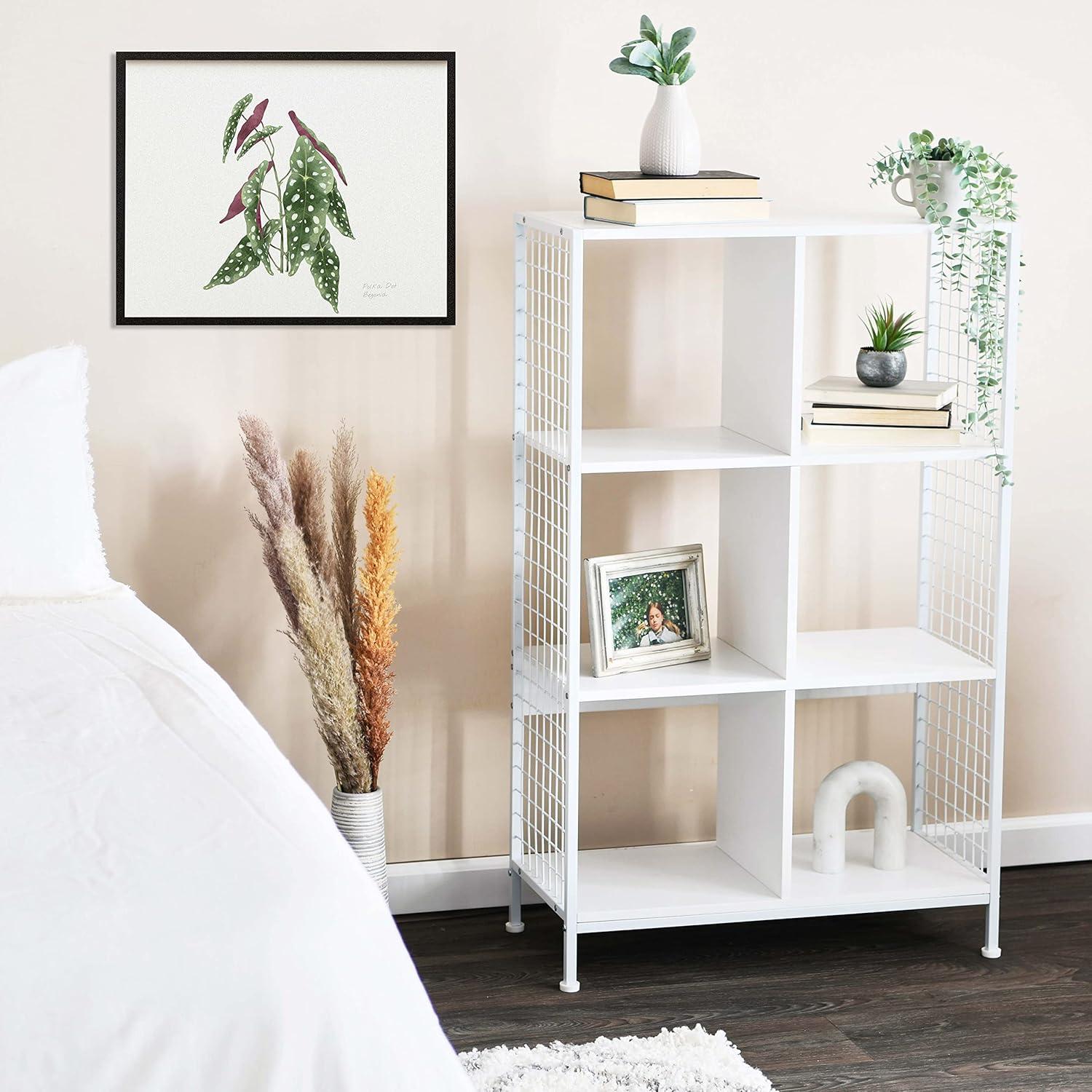 image:imageHousehold Essentials Trellis Open Storage Bookshelf with 2 Cube Compartments Mid Century Walnut Wood Grain and Black MetalWhite