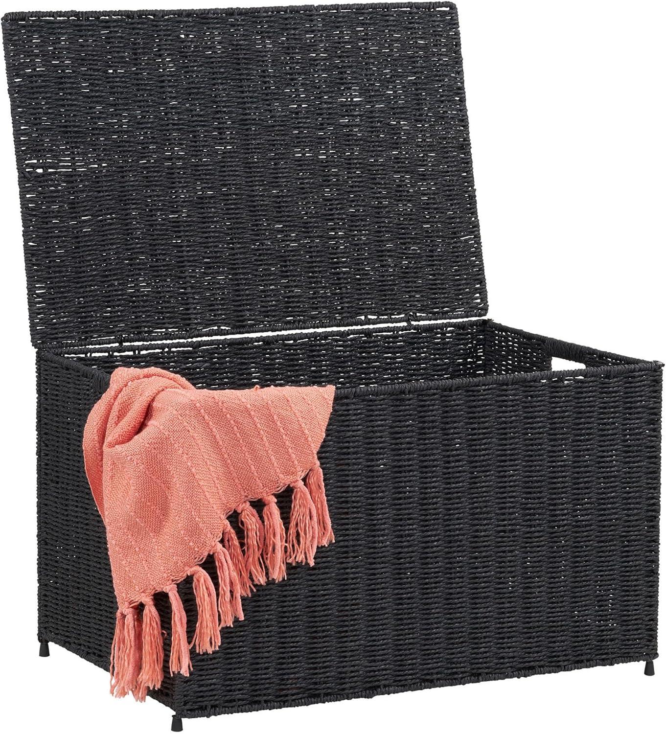 image:imageHousehold Essentials Woven Paper Rope Storage Chest with Hinged Lid and Integrated Handles GreyBlack