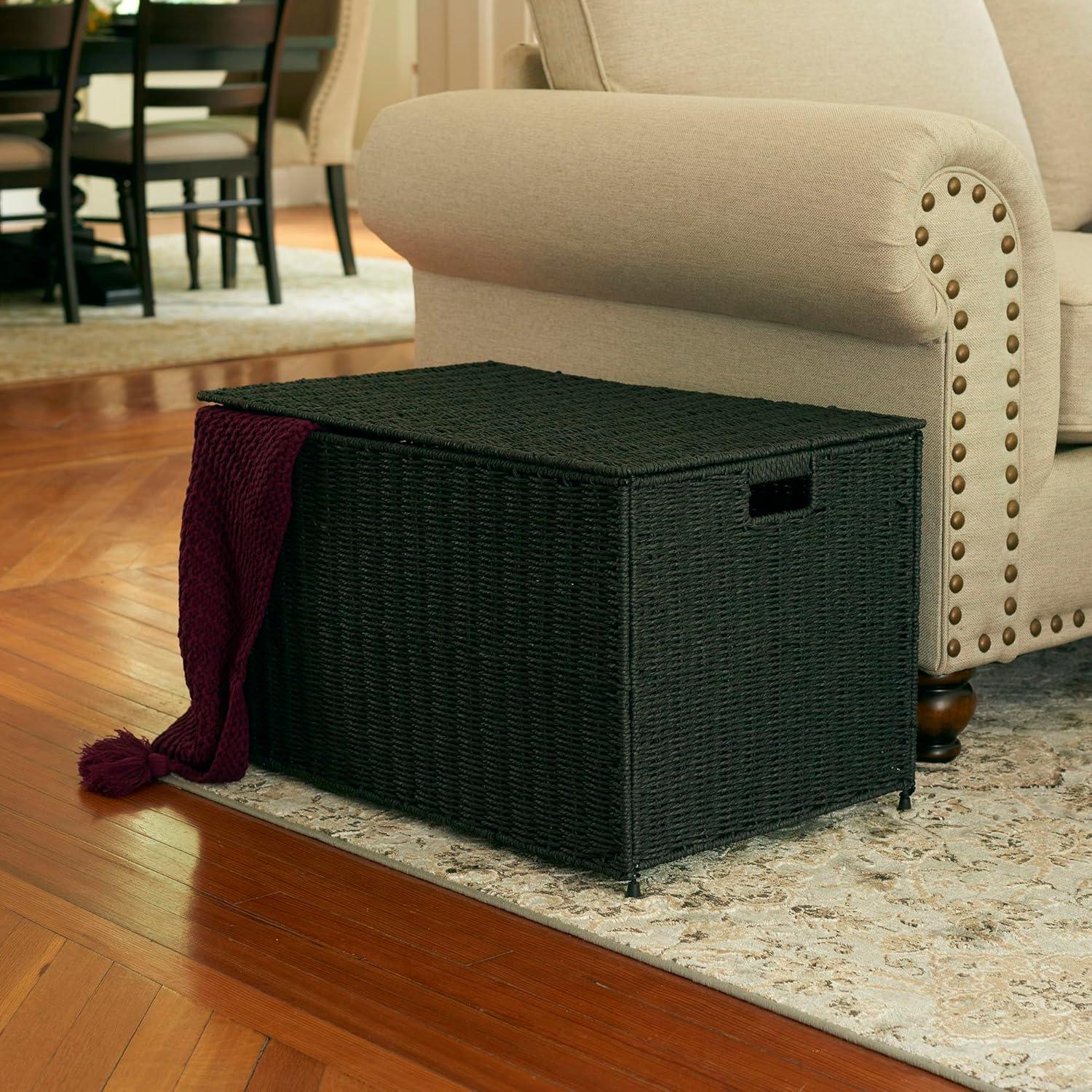 image:imageHousehold Essentials Woven Paper Rope Storage Chest with Hinged Lid and Integrated Handles GreyBlack