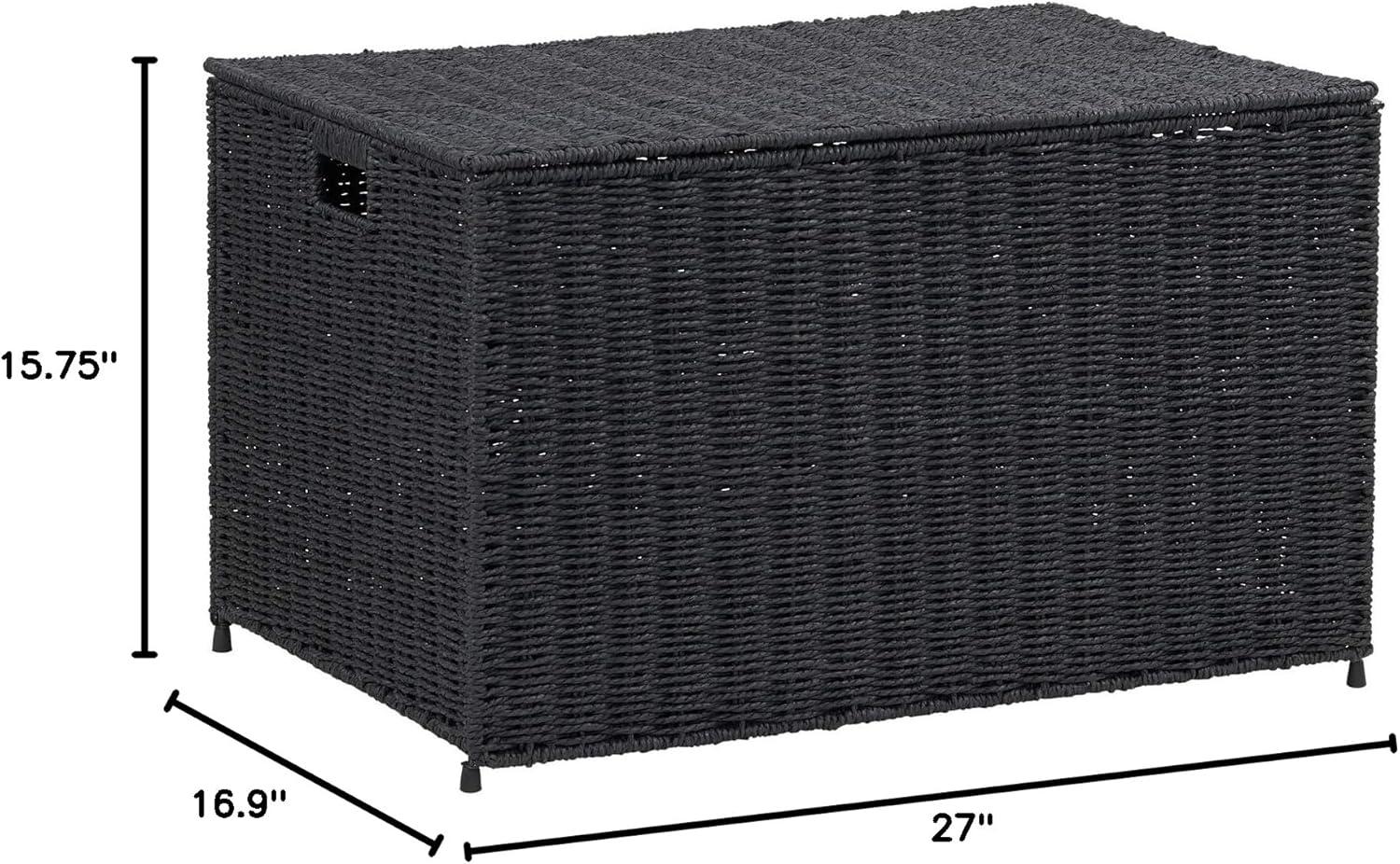 image:imageHousehold Essentials Woven Paper Rope Storage Chest with Hinged Lid and Integrated Handles GreyBlack